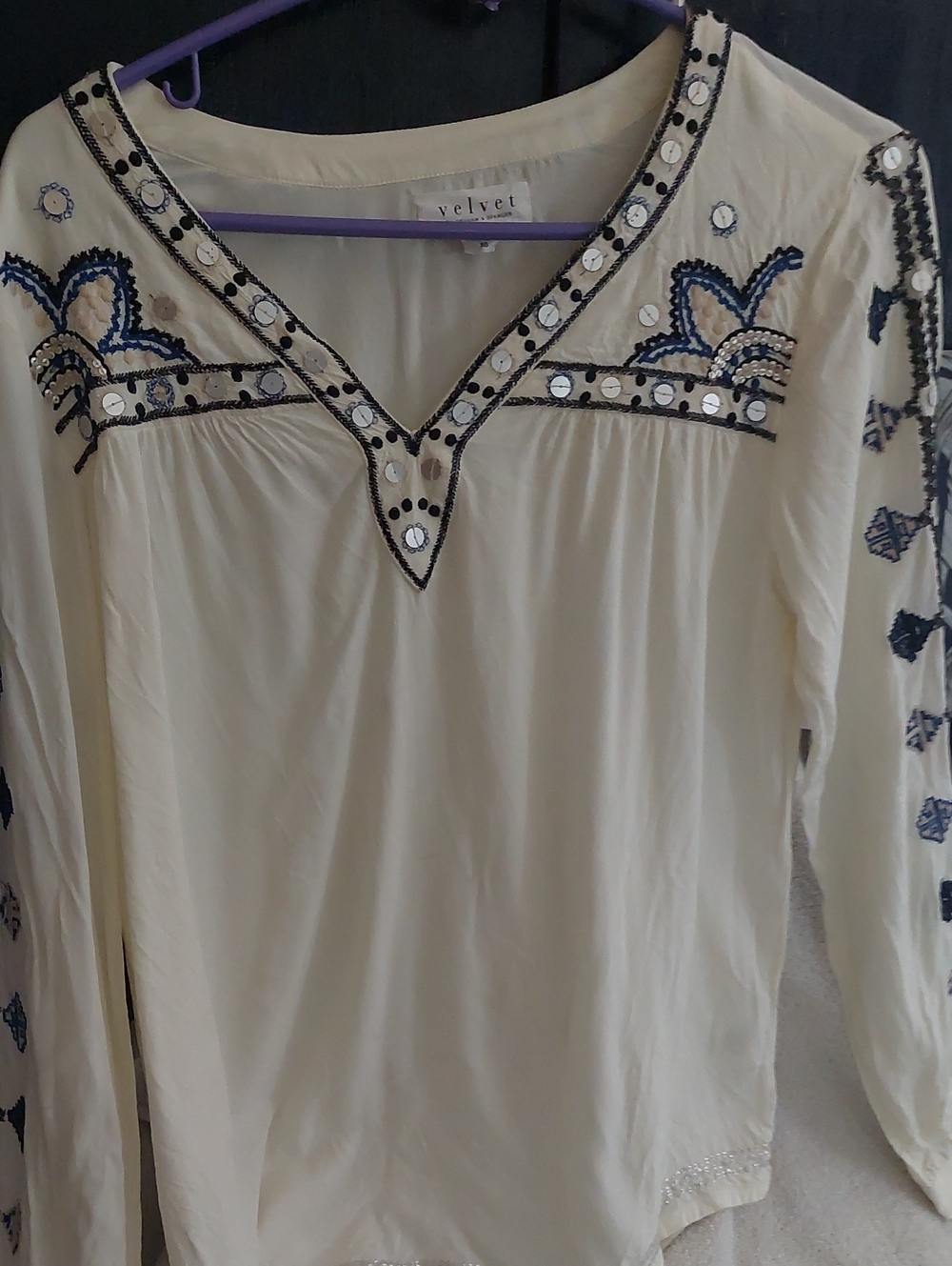 Velvet Cream Tunic with Navy Embroidery and Mirror Accents
